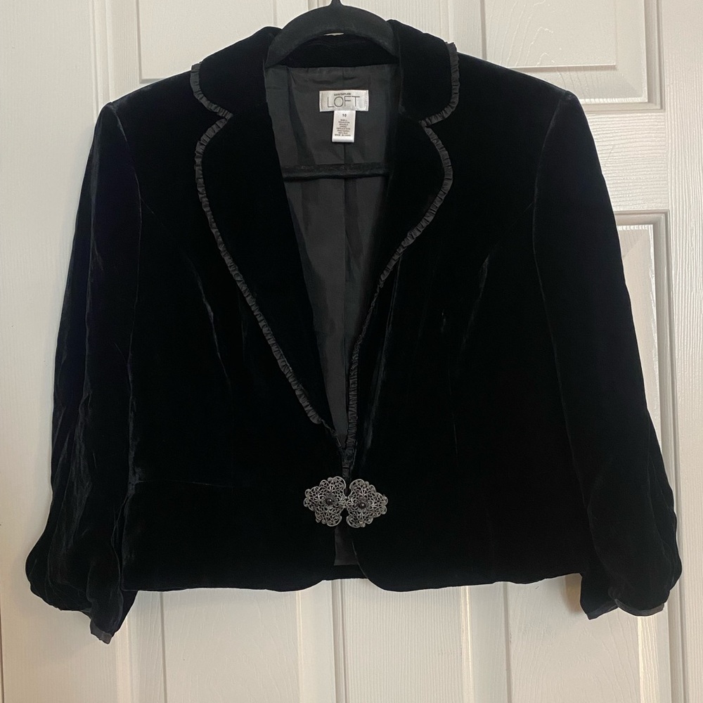 LOFT Black Velvet Blazer with Embellished Closure